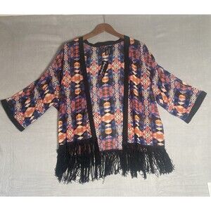 New Peck & Peck Aztec Boho Kimono Jacket Fringe Open Front L Southwest Cowgirl